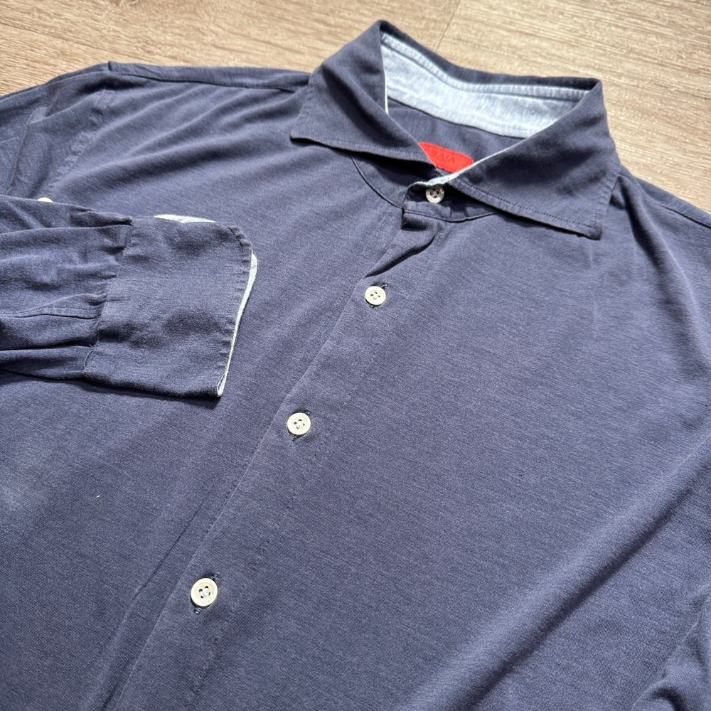 Isaia Napoli Shirt Mens 16.5 42 Blue Knit Button Up Silk Blend Italy Made Preppy